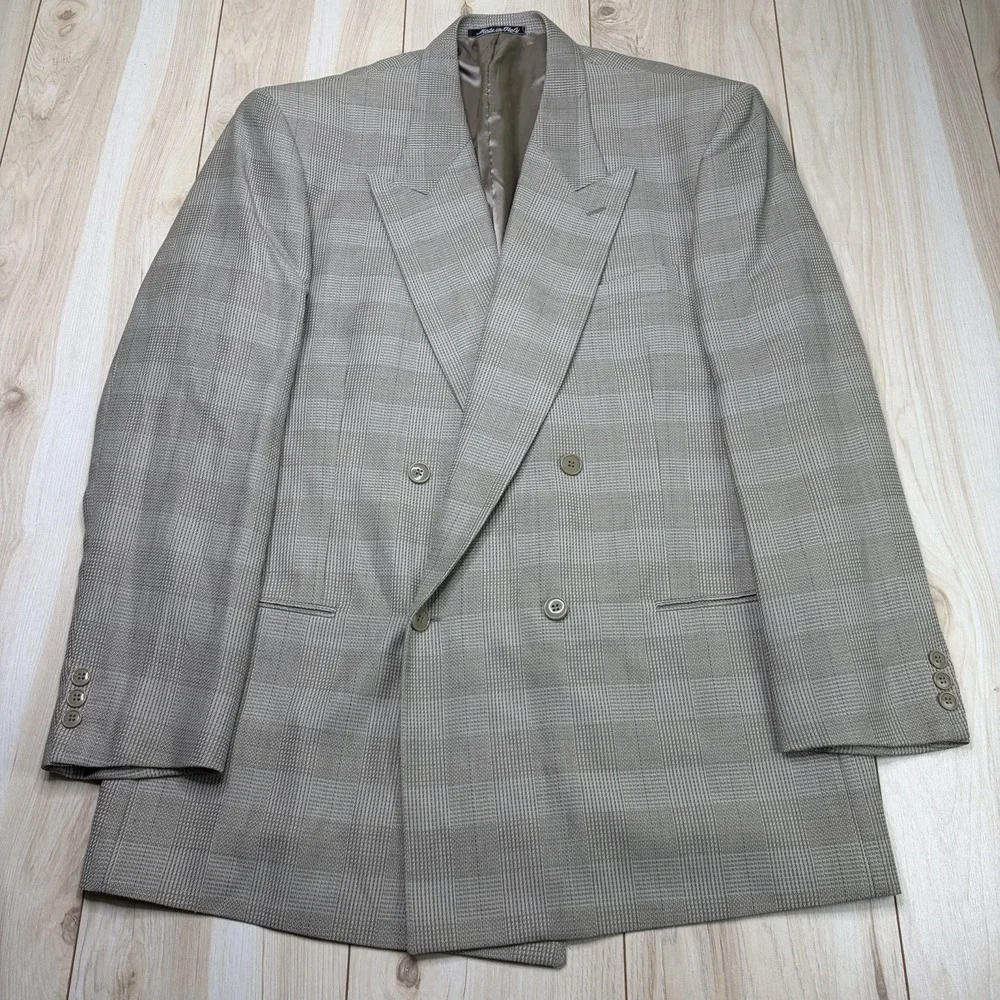 MANI Wool Linen Glen Plaid Striped Double Breasted Blazer Mens 44L Made In Italy